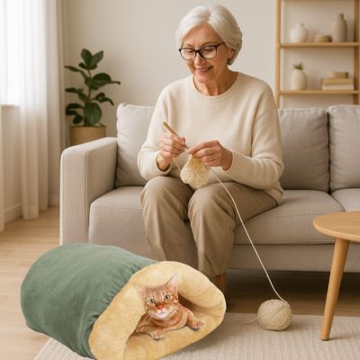 chat niche vert sauge chaton dedans femme fait crochet dans salon