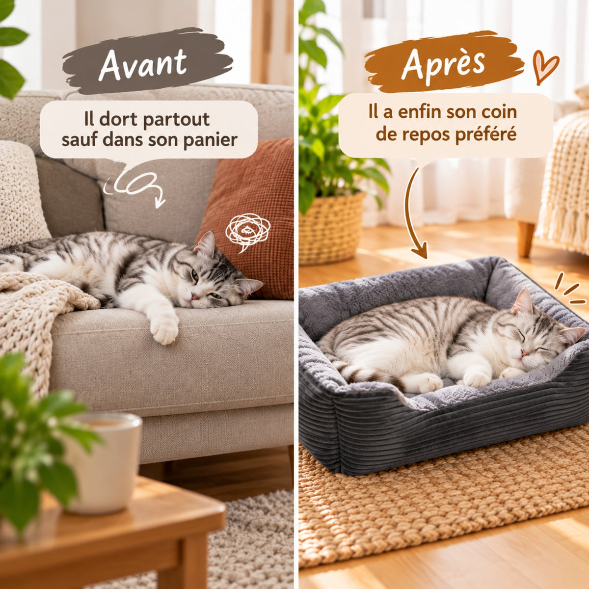 chat panier avant chat dort sur canapé après dans panier gris foncé