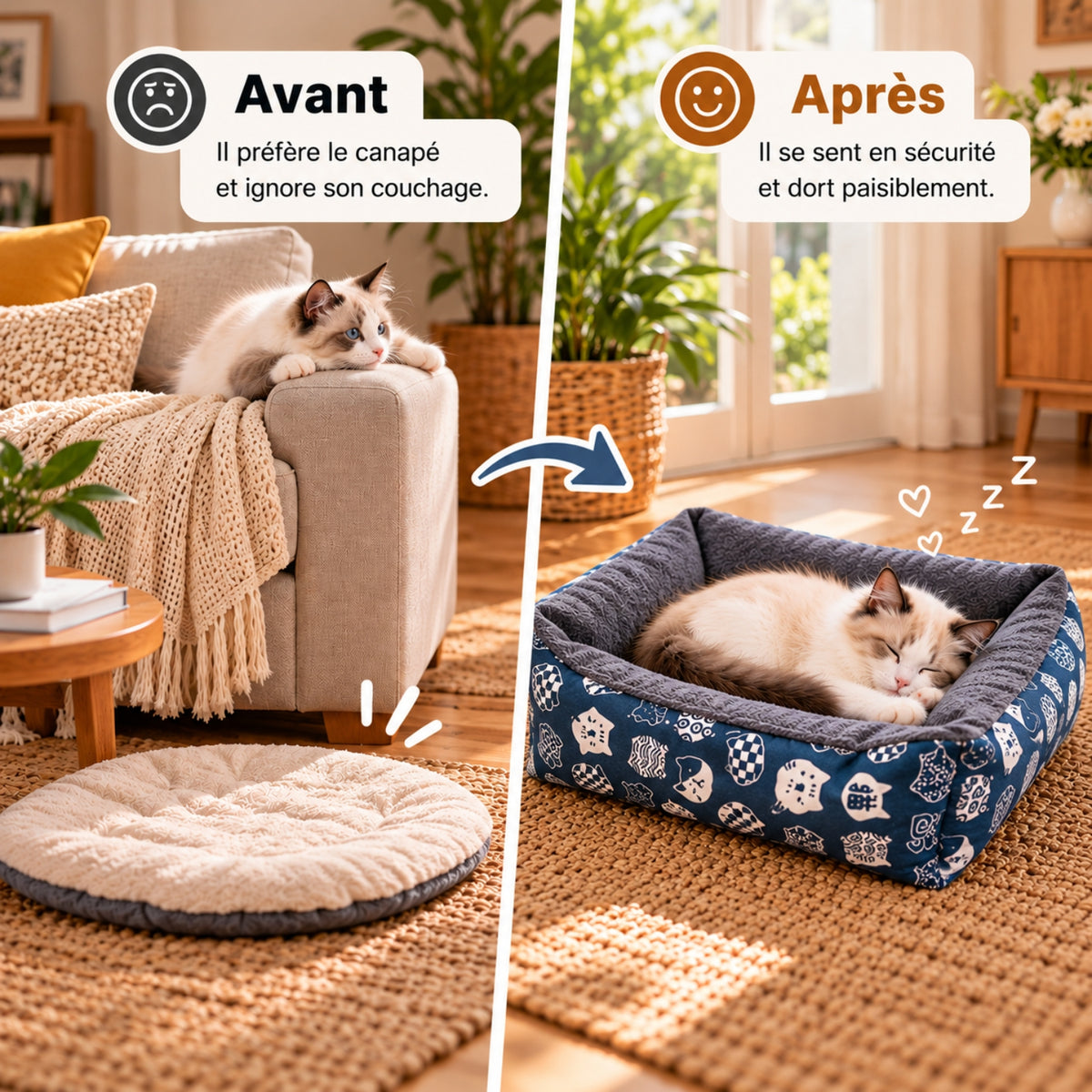 chat panier bleu avant après couchage enfin adopté