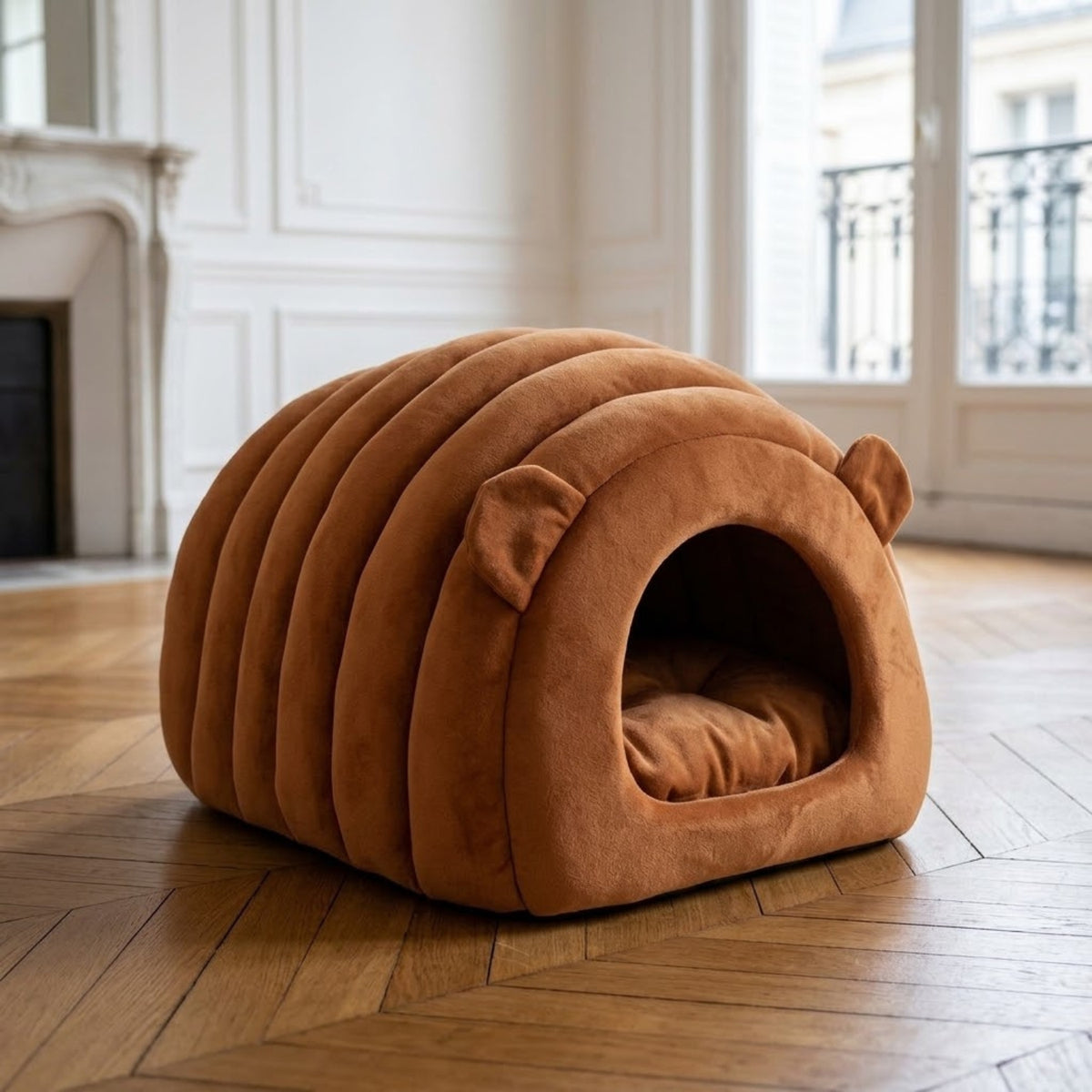 Chat panier caramel en forme de grotte dans un salon haussmannien français