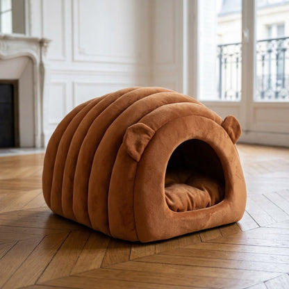 Chat panier caramel en forme de grotte dans un salon haussmannien français