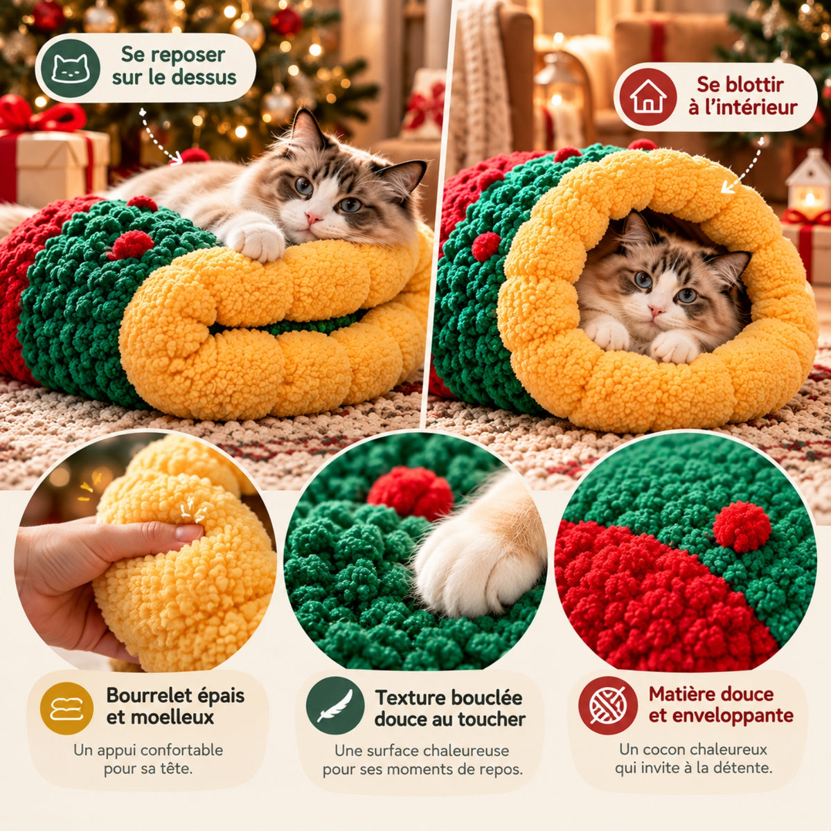 chat panier dessus intérieur bourrelet épais texture bouclée douce