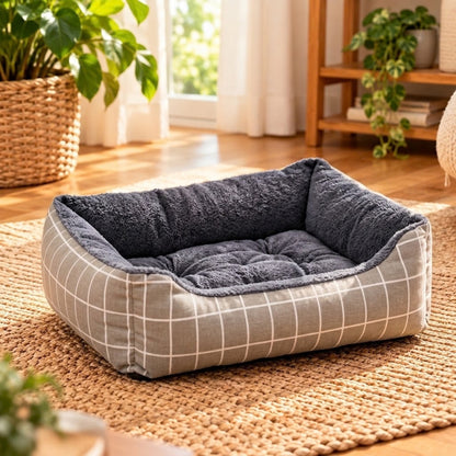 chat panier gris motif carreaux vide sur tapis salon
