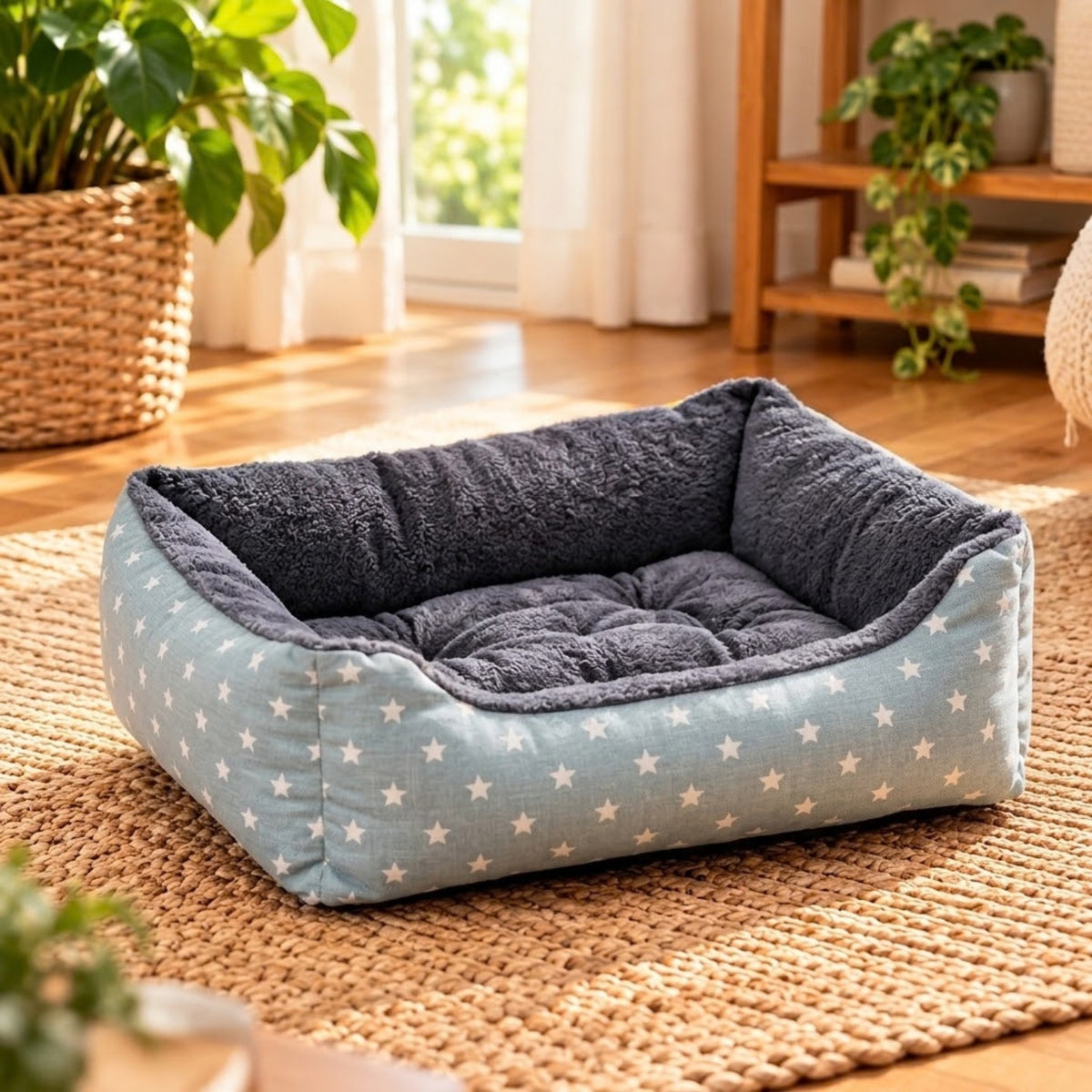 chat panier gris motif étoiles vide sur tapis salon