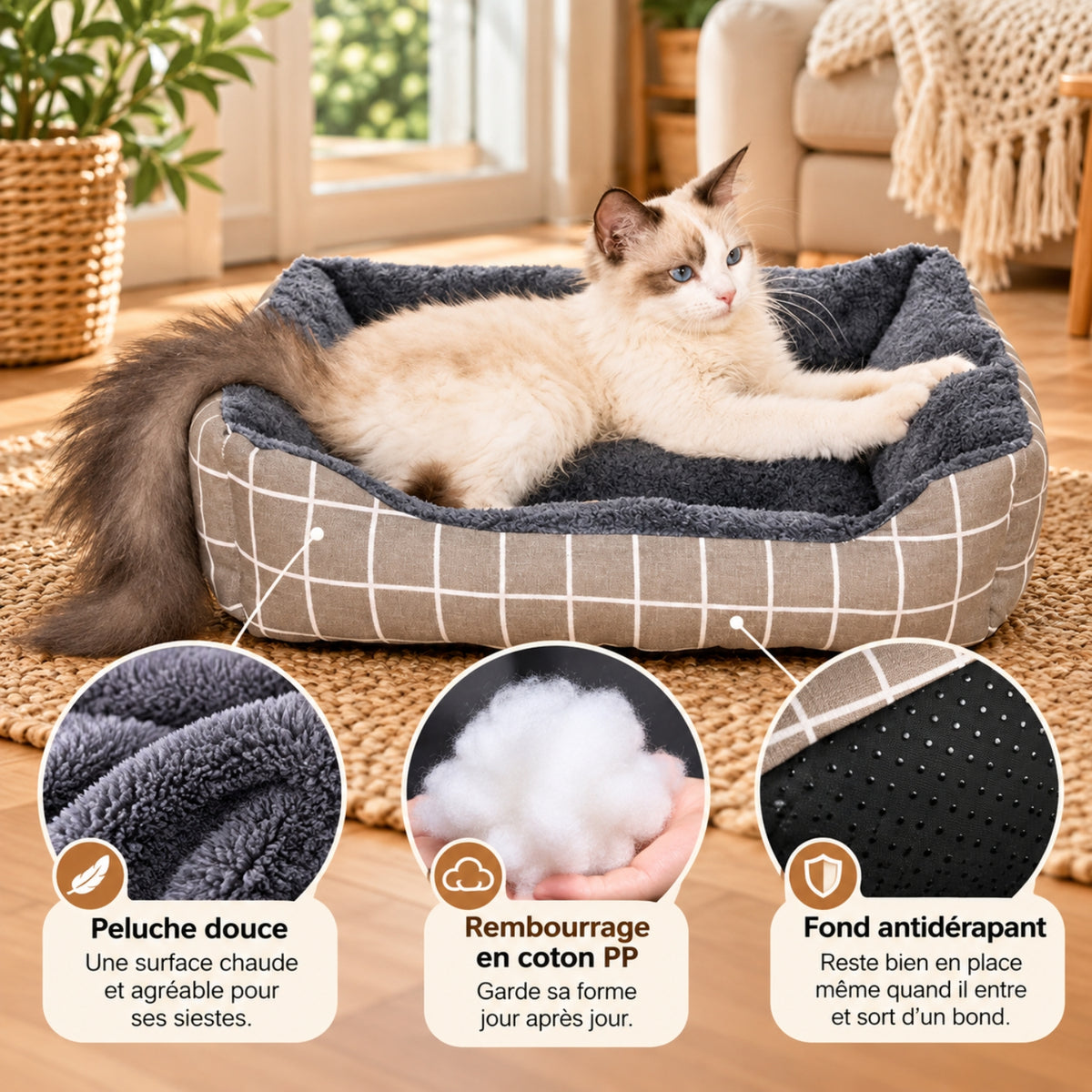 chat panier gris avec rembourrage coton PP antidérapant