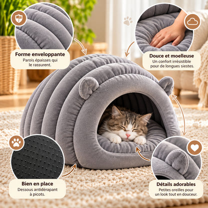 Chat panier gris avec parois semi-fermées, coussin moelleux et fond antidérapant