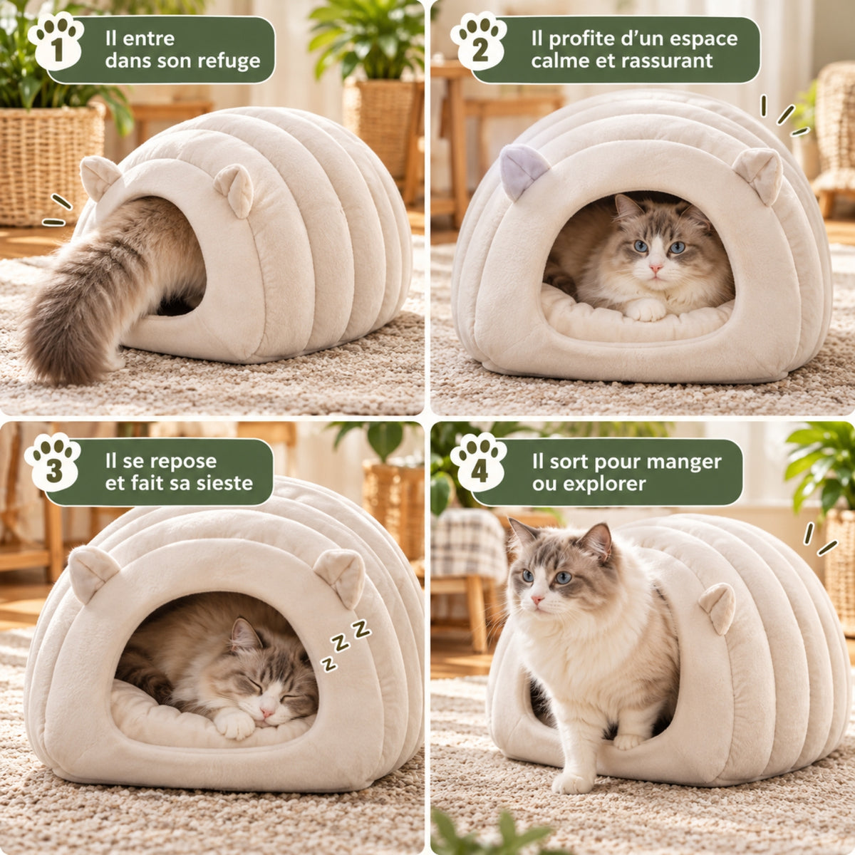 chat panier grotte blanche chat entre se repose dort puis sort