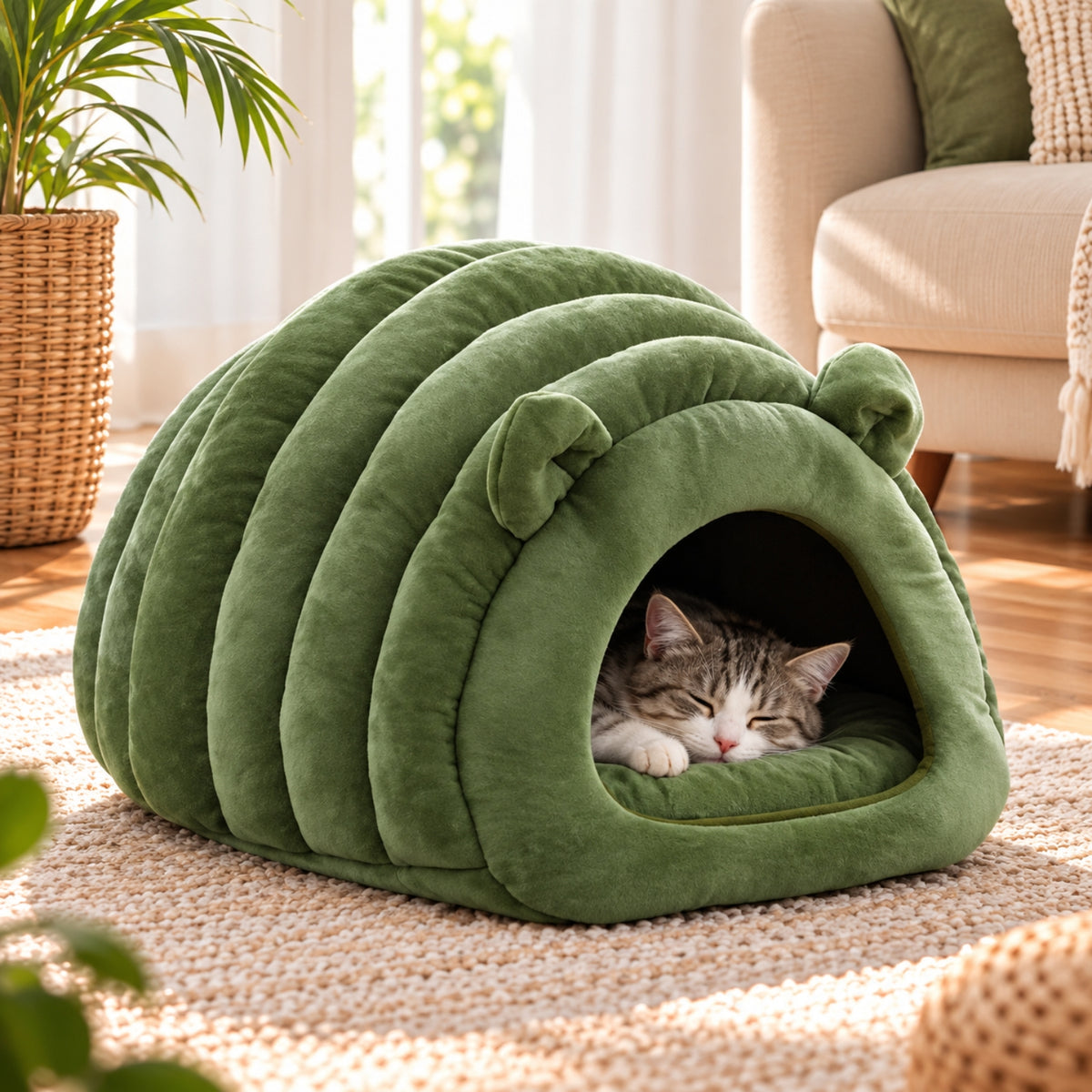 chat panier grotte verte chat endormi sur tapis salon
