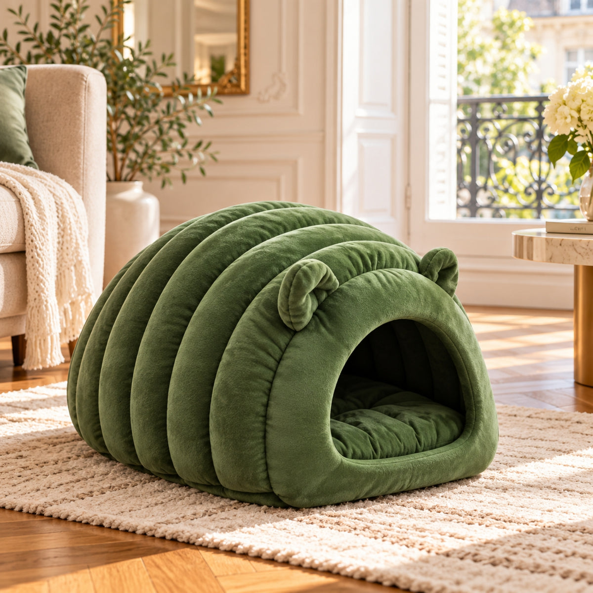 chat panier grotte verte vide coussin sur tapis salon