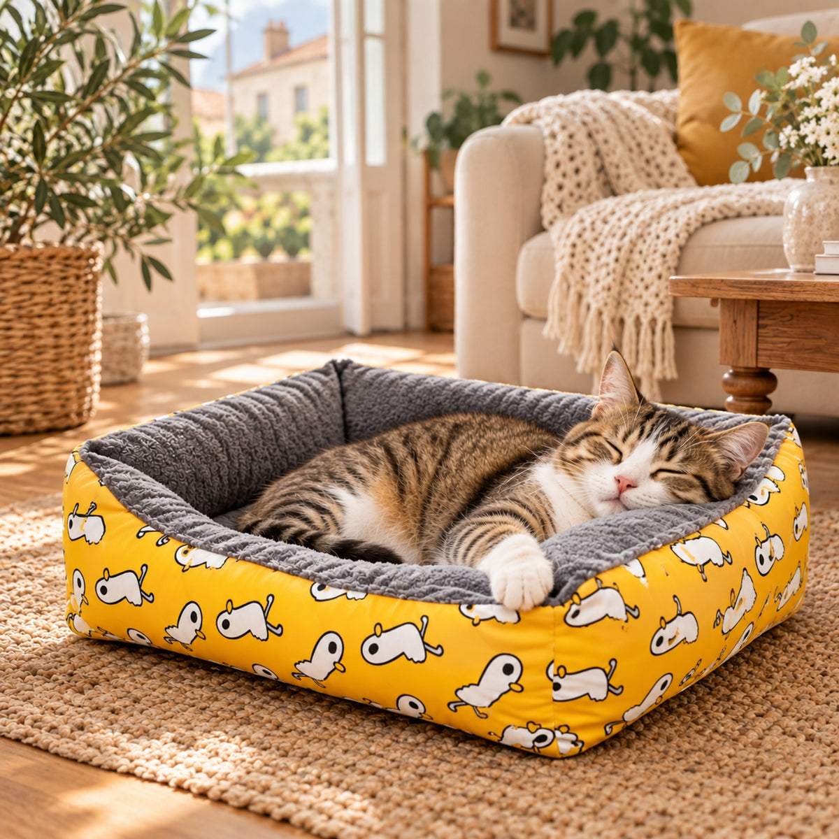 chat panier jaune motif canards chat endormi tête sur rebord