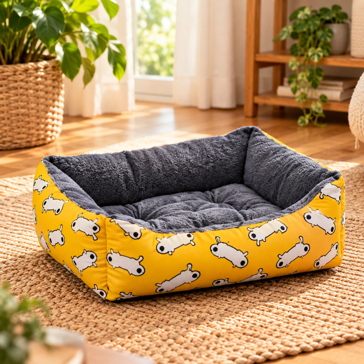 chat panier jaune motif canards vide sur tapis salon