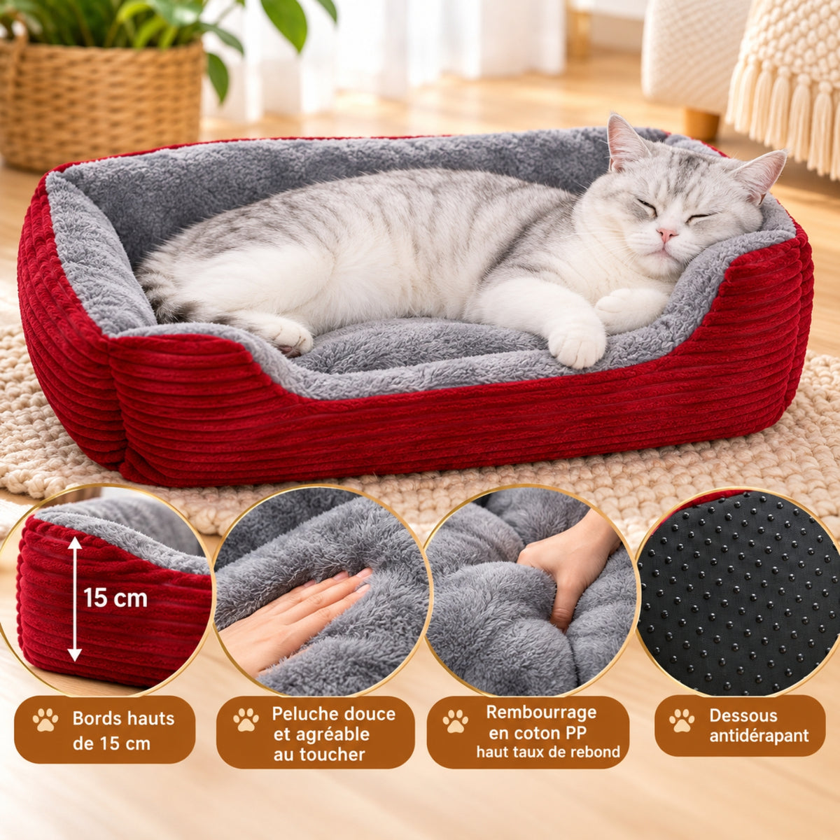 chat panier rouge vin chat endormi bords peluche rembourrage dessous