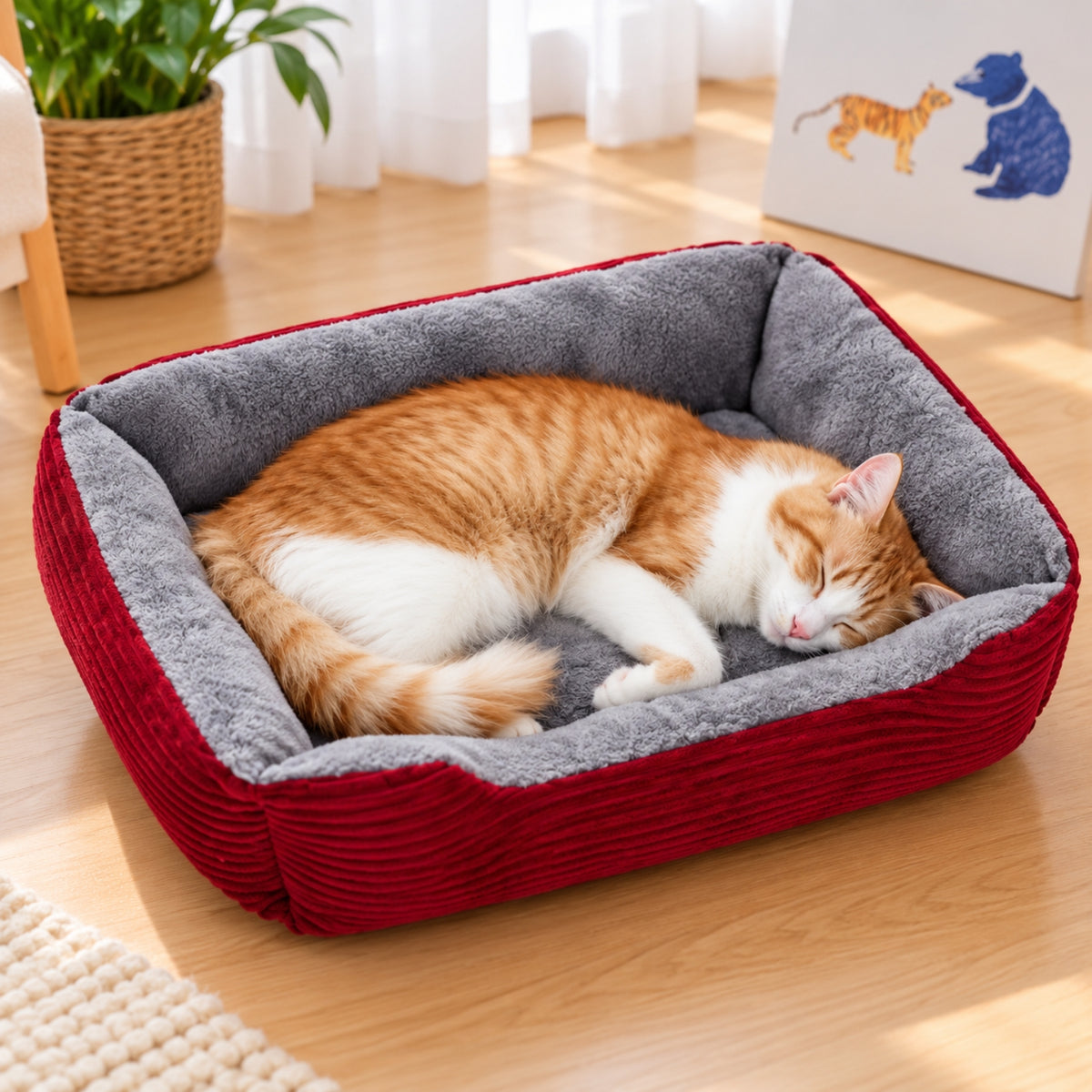chat panier rouge vin chat roux endormi en boule