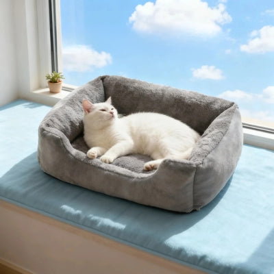 chat profitant soleil allongé sur panier coussin chat