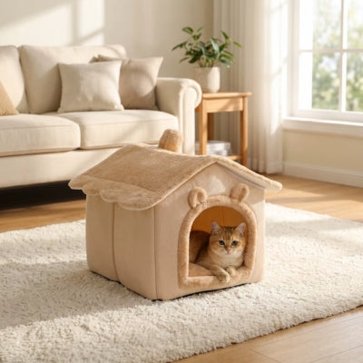chat relaxant dans niche pour chat interieur marron