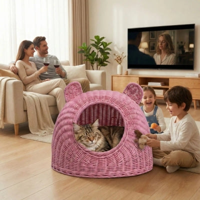 chat relaxant panier chat osier enfants jouant autour parents detendus 