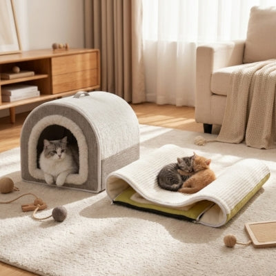 chat relaxe niche pour chat intérieur chatons enlacés niche ouverte