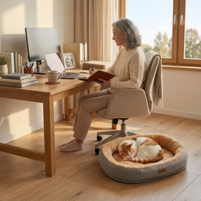chat roux endormi coussins chat nid moelleux gris dame en télétravail