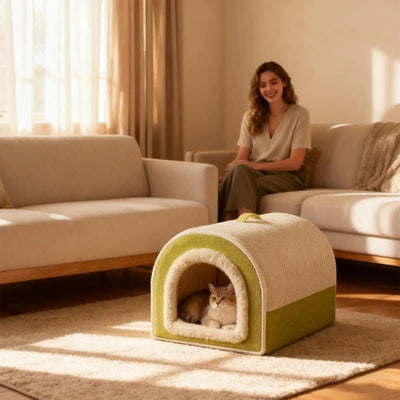 chat se reposant dans niche pour chat intérieur maîtresse detendue