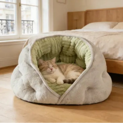 chat somnolant dans sa niche à chat