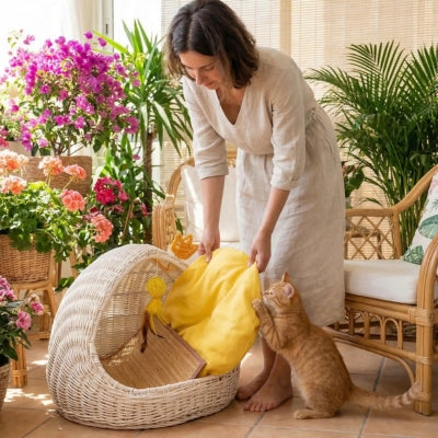 chaton accroché coussin paniers chatons maîtresse le remplace tapis bambou