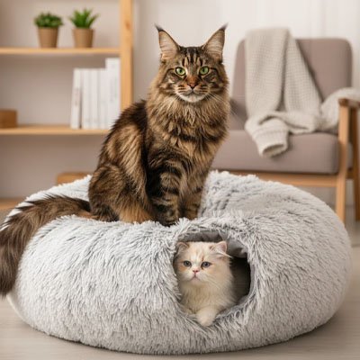 chaton dans niche pour chat intérieur maine coon dessus