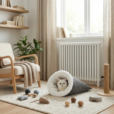 chaton detendu dans  nid chaton gris anthracite