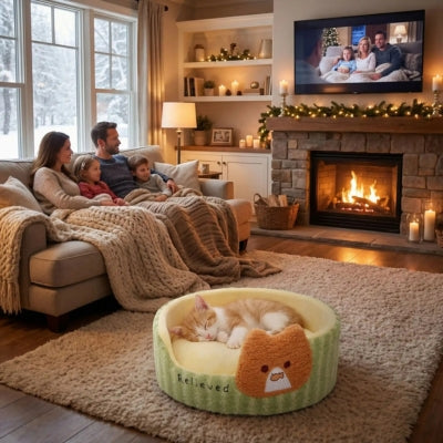 chaton dort dans coussin chaton famille regardant tv