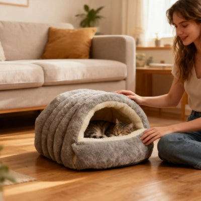 chaton dort dans maison pour chaton maîtresse le regardant