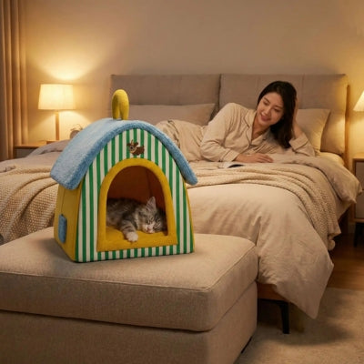 chaton dort maison pour chaton maîtresse satisfaite le regardant 