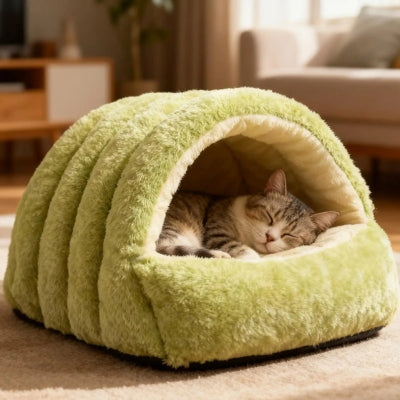 chaton dort paisiblement dans maison pour chaton