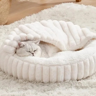 chaton dort profondement dans coussin donut à capuchon blanc
