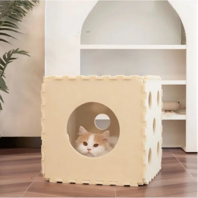 chaton en detente dans maison pour chaton en feutre