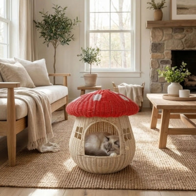 chaton endormi dans maison pour chaton rouge