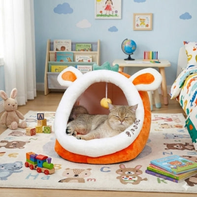 chaton endormi dans niche chats orange citrouille