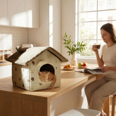 chaton endormi maison pour chaton maîtresse prend café en lisant