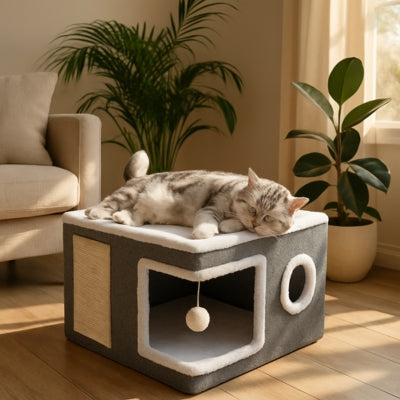 chaton endormi sur maison pour chat 