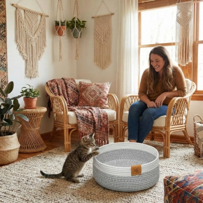 chaotn griffant panier chatons maîtresse le regarde