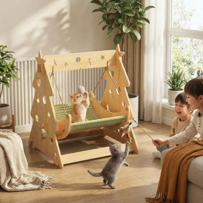 chaton joue balle suspendue hamac à chat enfants jouent autre chaton