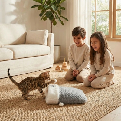 chaton joue avec pompon couffin pour chaton enfants amusés le regardant
