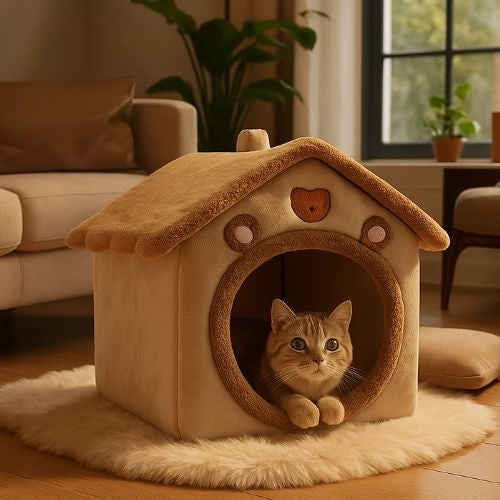 chaton lové dans niche pour chat maisonnette cottage 