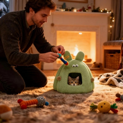 chaton lové dans nid chaton maître joue avec lui