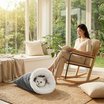 chaton lové dans nid chaotn maîtresse lis dans verrière