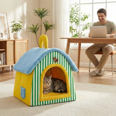 chaton observant maison pour chaton maître ravi le regardant