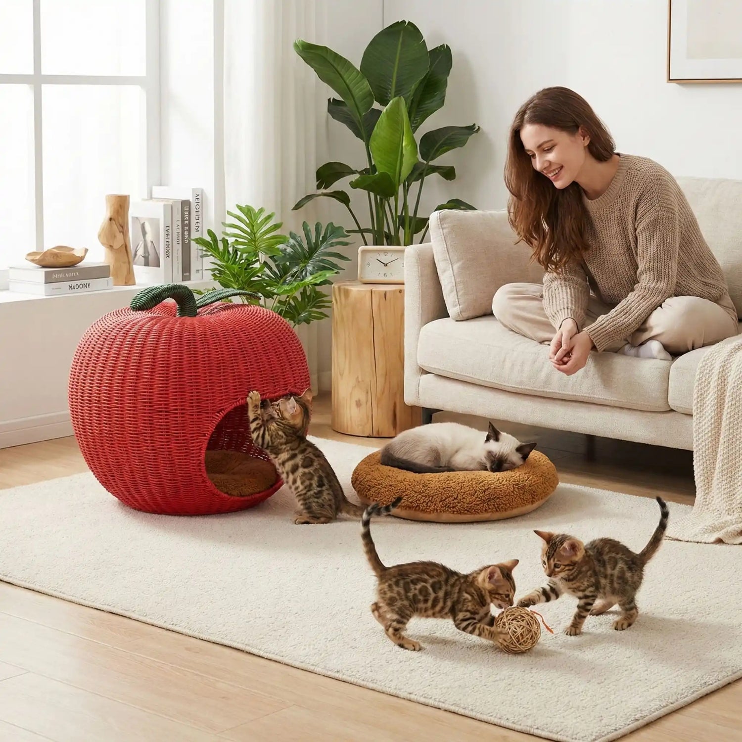chaton panier pomme avec chatons qui jouent au salon