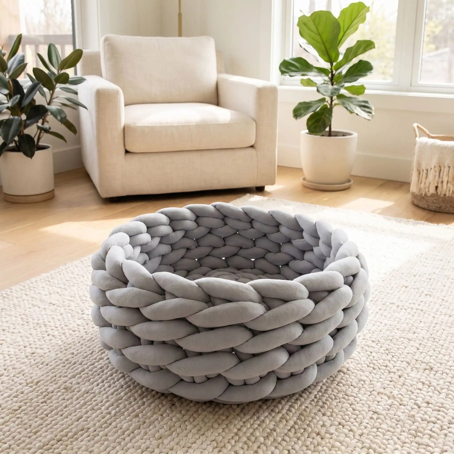 chaton panier tricot gris clair salon cocooning