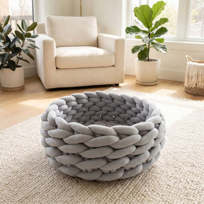 chaton panier tricot gris clair salon cocooning