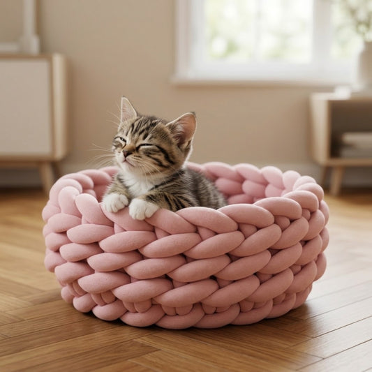 chaton panier tricot rose chaton lové dedans salon