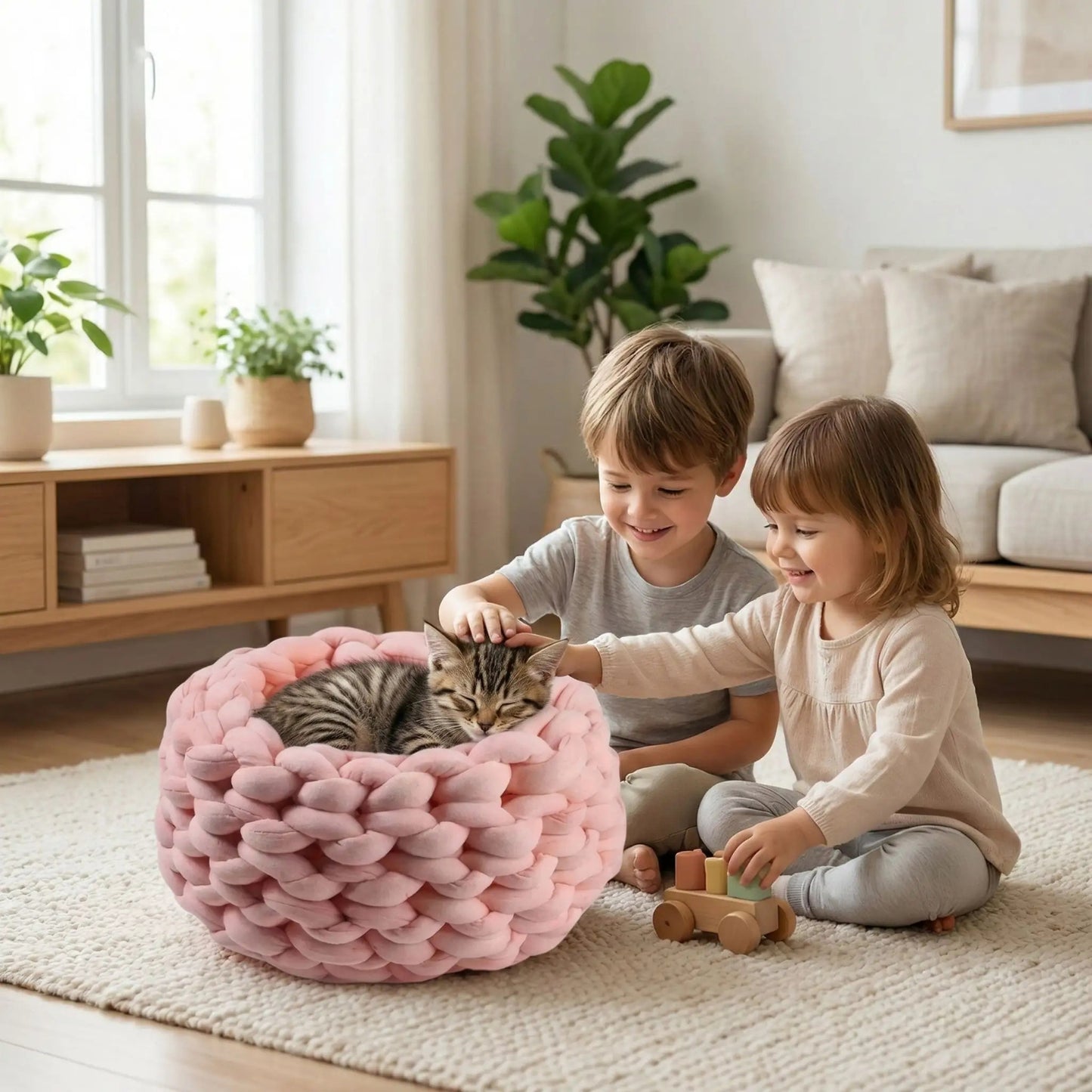 chaton panier tricot rose chaton endormi enfants salon famille