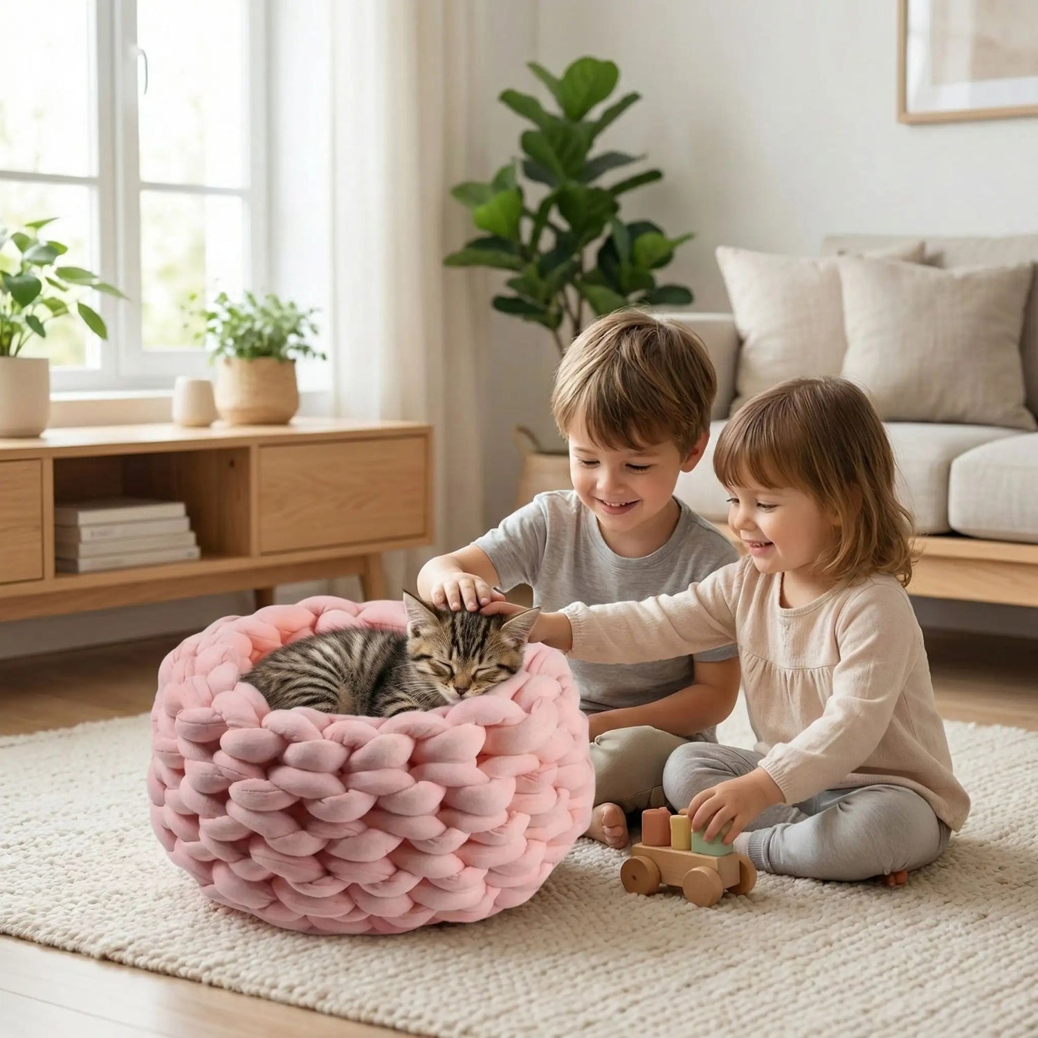chaton panier tricot rose chaton endormi enfants salon famille